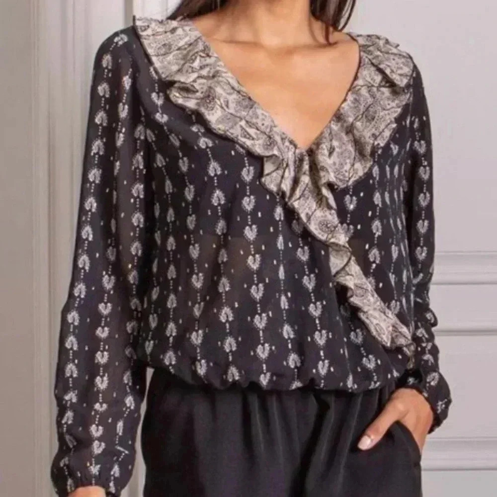 🆕Senlis Moroccan Tile Paisley Clara Ruffle Top S🆕